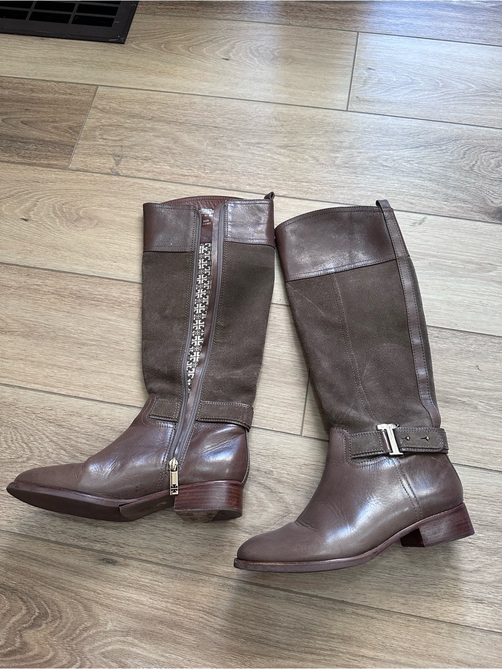 Tory Burch Brown Leather and Suede Mid-Calf Riding Boots